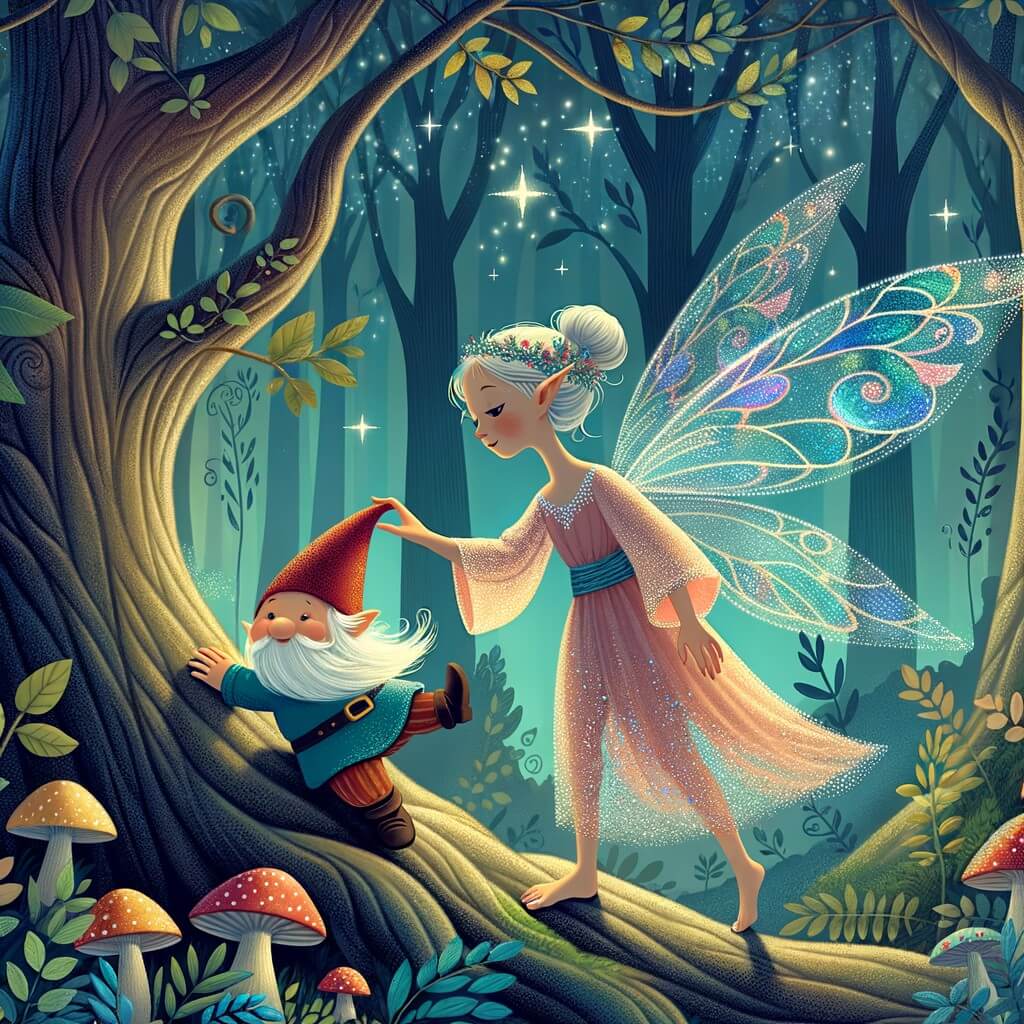 Une illustration destinée aux enfants représentant une fée aux ailes chatoyantes, se trouvant dans une forêt enchantée, où elle vient en aide à un petit lutin coincé dans un arbre.