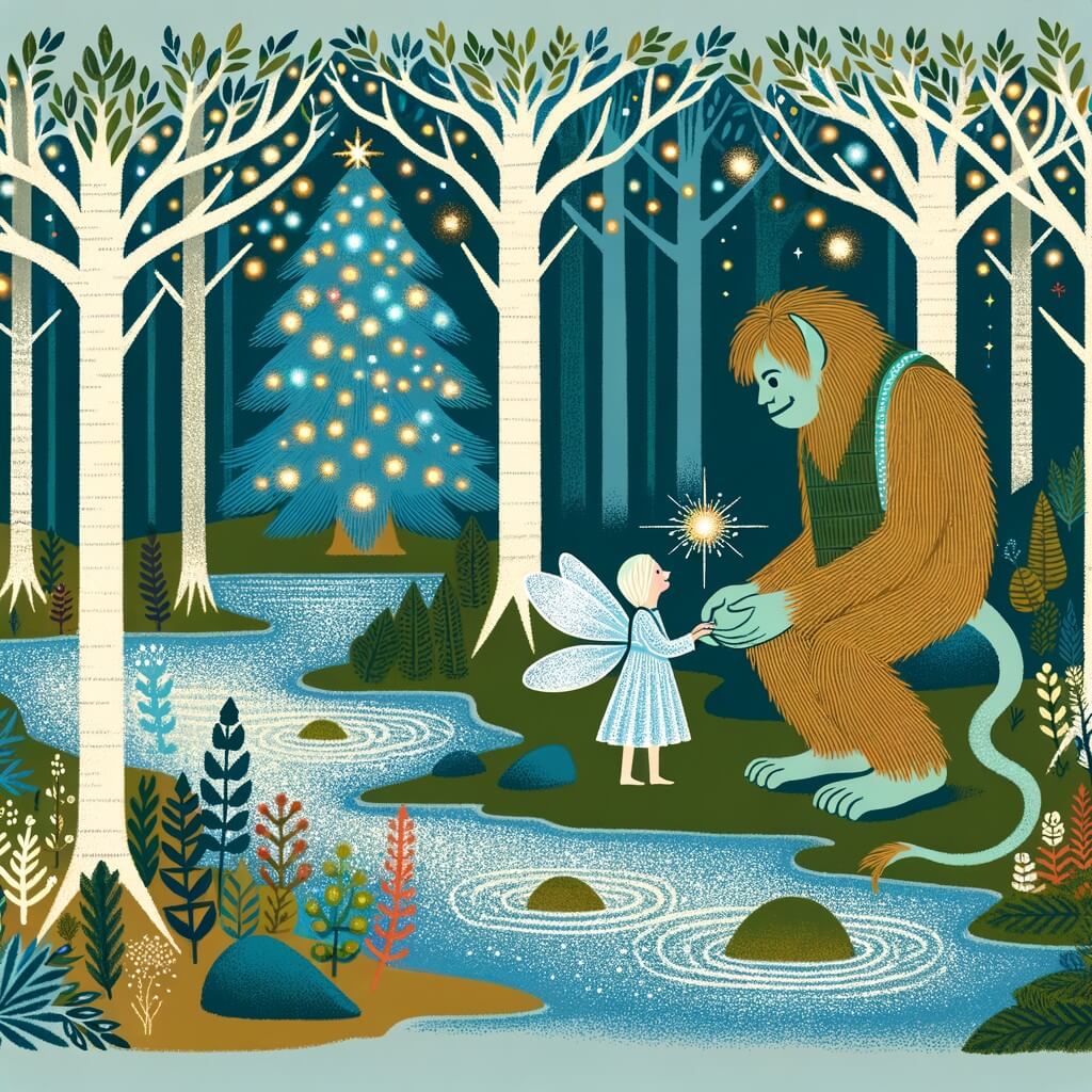 Une illustration destinée aux enfants représentant un monstre bienveillant qui devient ami avec une fée blessée, dans une forêt enchantée où les arbres brillent de mille feux et les ruisseaux sont cristallins.