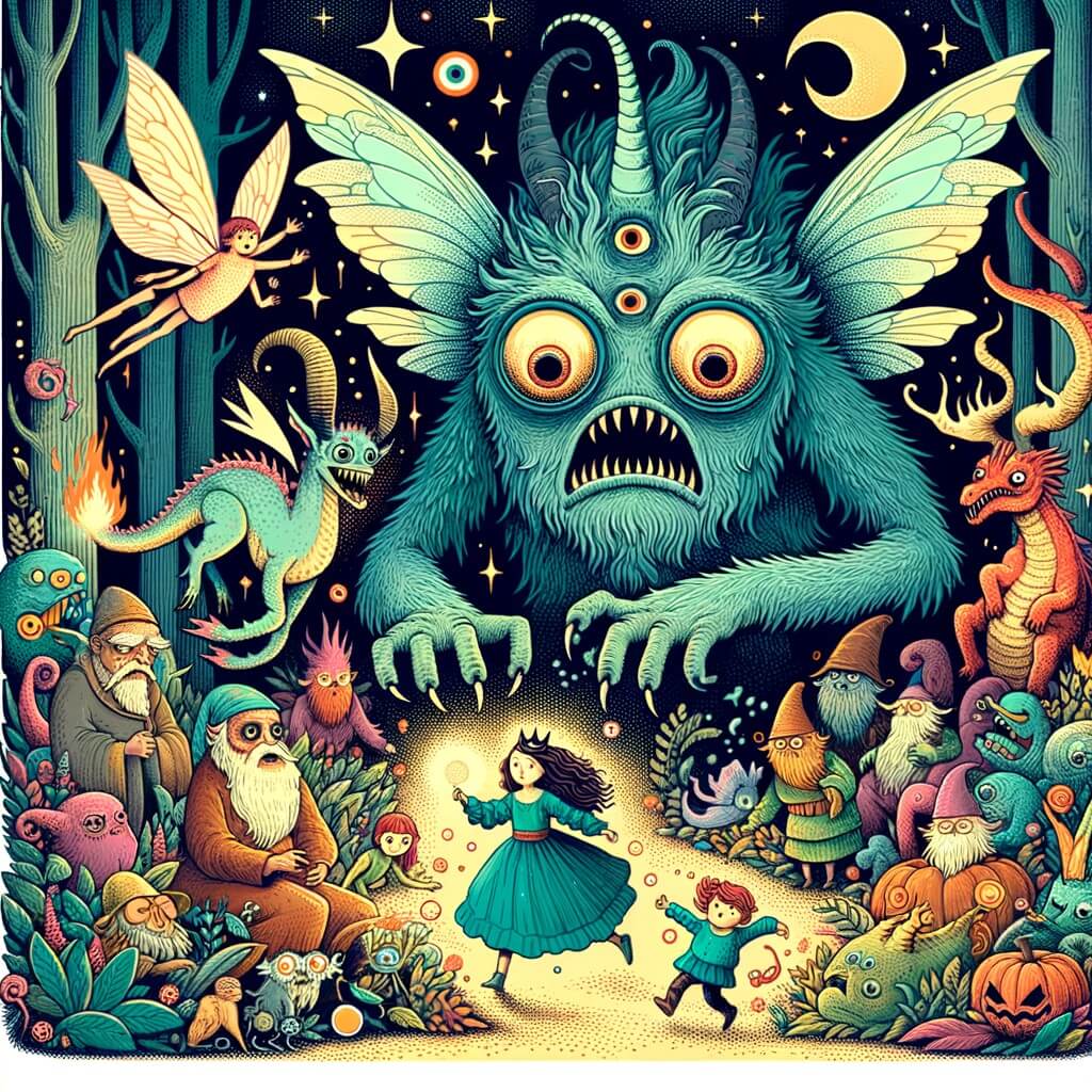 Une illustration pour enfants représentant un monstre effrayant qui découvre un monde merveilleux dans une forêt dense et mystérieuse.