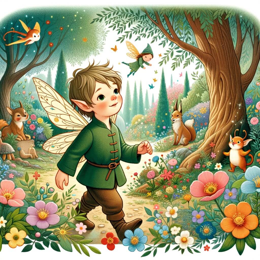 Une illustration destinée aux enfants représentant une fée curieuse et intrépide, accompagnée de petites créatures magiques, explorant une forêt enchantée remplie de fleurs multicolores et d'arbres majestueux.