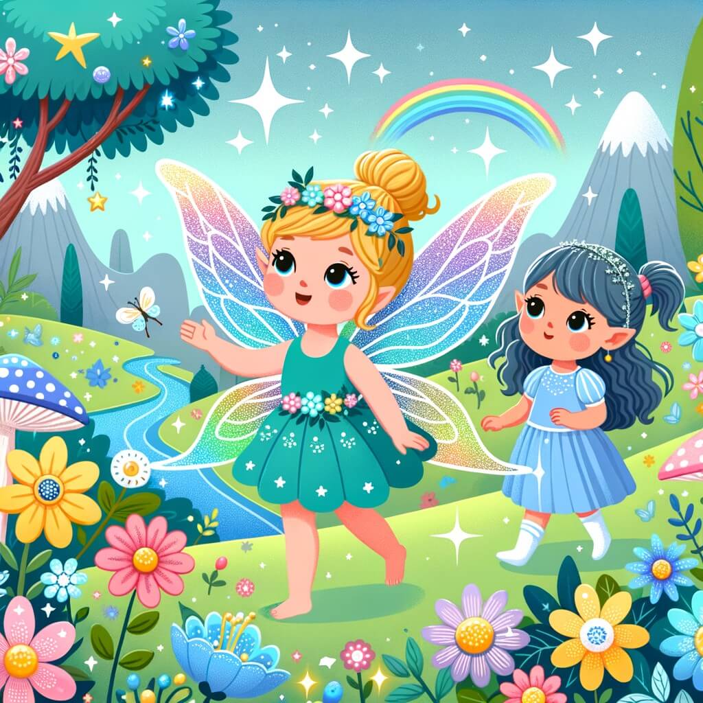 Une illustration destinée aux enfants représentant une fée aux ailes scintillantes, accompagnée d'une petite fille curieuse, explorant un royaume enchanté rempli de fleurs multicolores, de rivières étincelantes et d'arbres majestueux.
