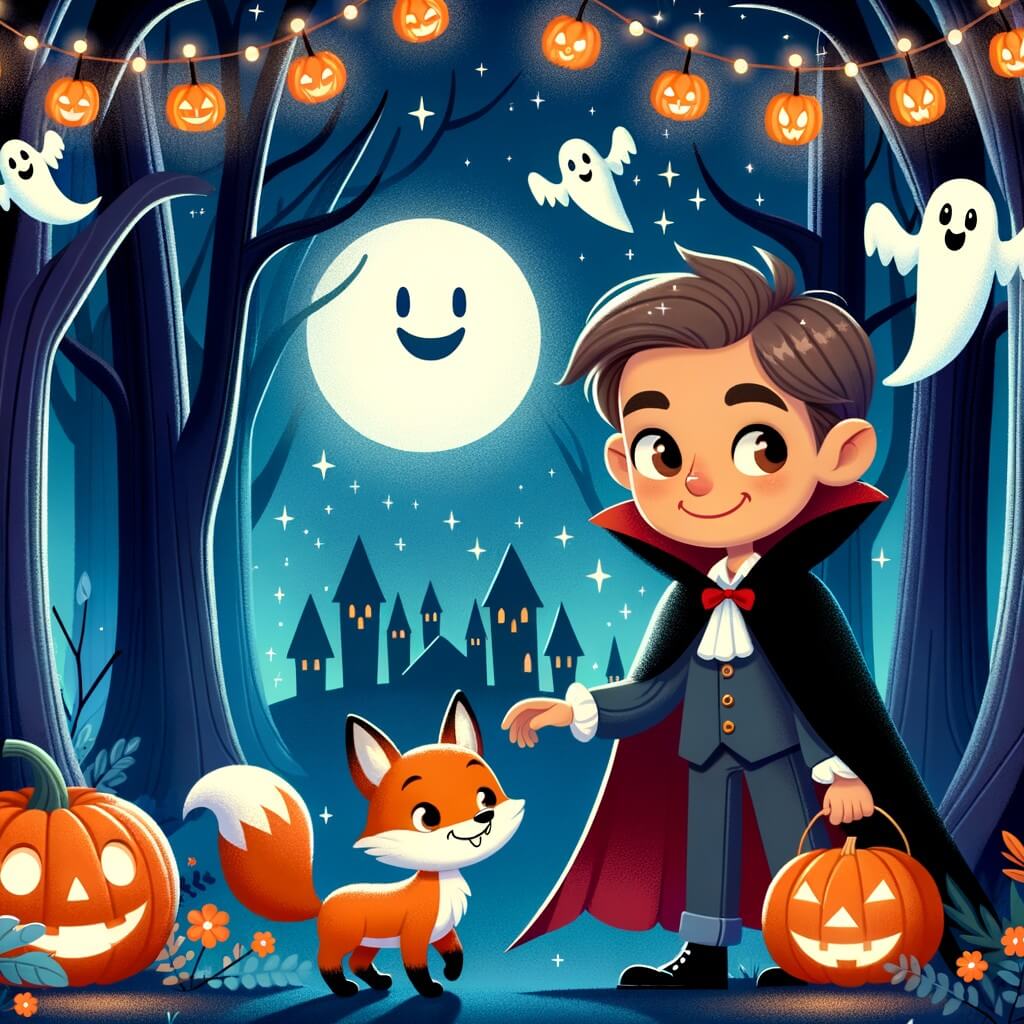 Une illustration destinée aux enfants représentant un vampire au sourire bienveillant, accompagné d'une petite renarde, dans une forêt enchantée aux arbres majestueux, illuminée par des citrouilles sculptées et des guirlandes de fantômes flottant dans l'air nocturne.