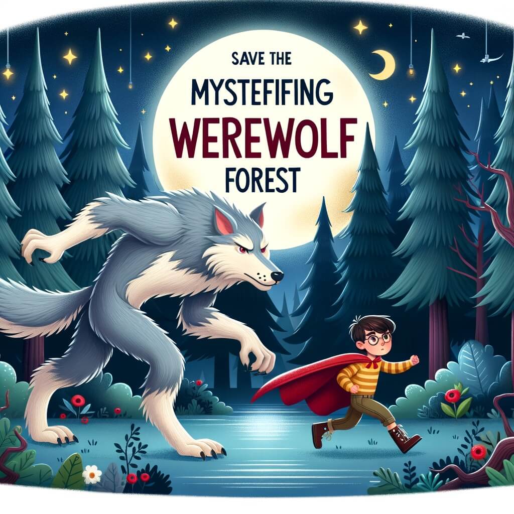Une illustration pour enfants représentant un loup-garou amical qui a besoin de l'aide d'un petit garçon pour sauver la Forêt des Loups-Garous, qui se trouve dans une grande forêt mystérieuse.