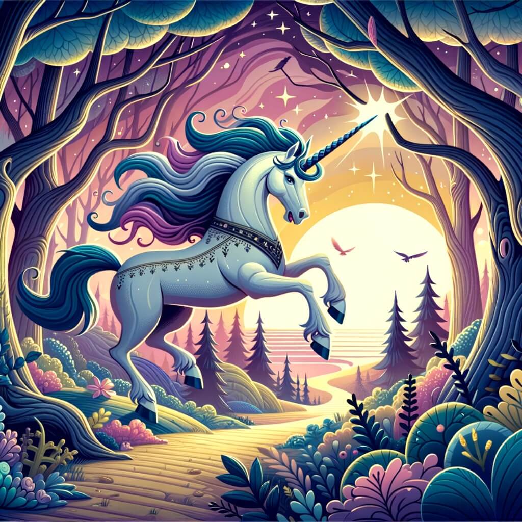 Une illustration pour enfants représentant une magnifique licorne, au cœur d'une quête périlleuse, dans une forêt enchantée.