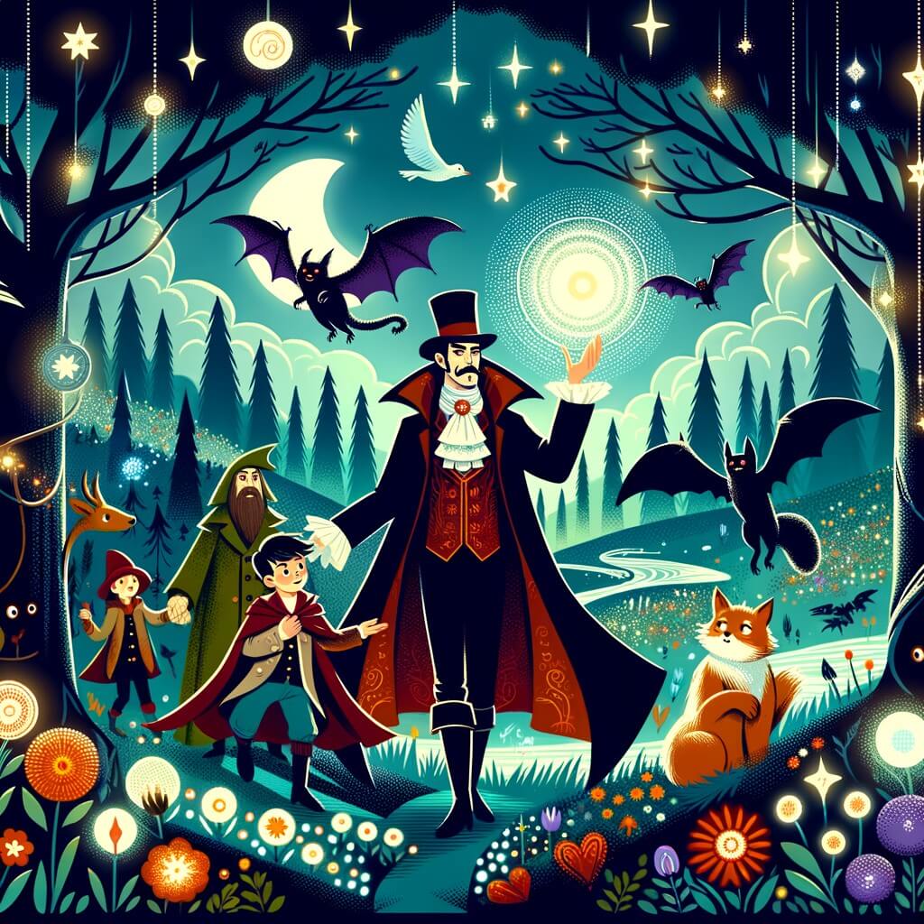 Une illustration destinée aux enfants représentant un vampire mystérieux et charismatique, accompagné de ses amis, explorant une forêt magique remplie de fleurs lumineuses, d'arbres majestueux et d'animaux parlants, dans le but de vaincre un autre vampire maléfique et de libérer la forêt de son emprise.