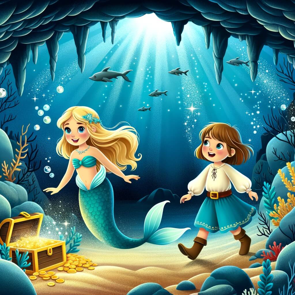 Une illustration destinée aux enfants représentant une magnifique sirène courageuse et déterminée, accompagnée d'une jeune fille intrépide, explorant une sombre grotte sous-marine remplie de mystères et de trésors étincelants, située au fond de l'océan.