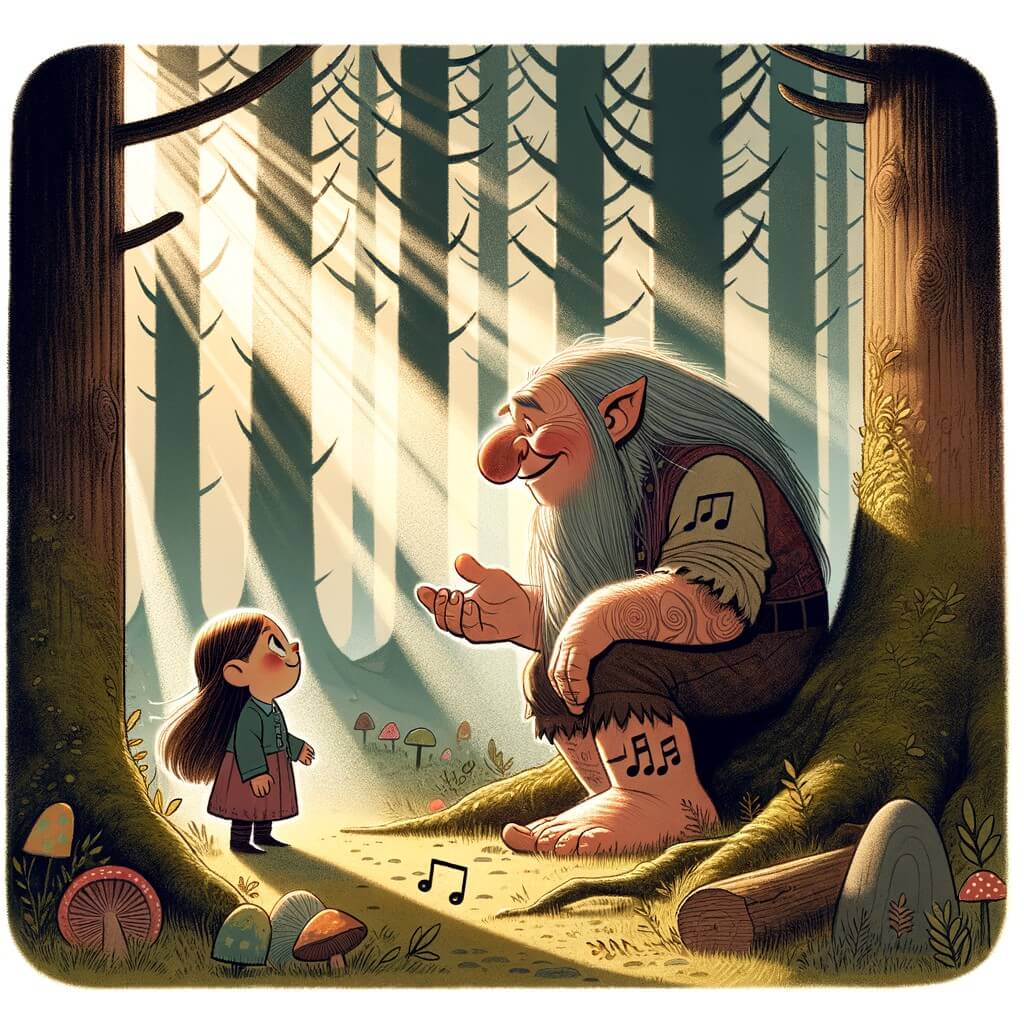 Une illustration destinée aux enfants représentant un troll solitaire découvrant sa passion pour la musique, accompagné d'une petite fille curieuse, dans une clairière magique où les arbres géants filtrent doucement la lumière du soleil.