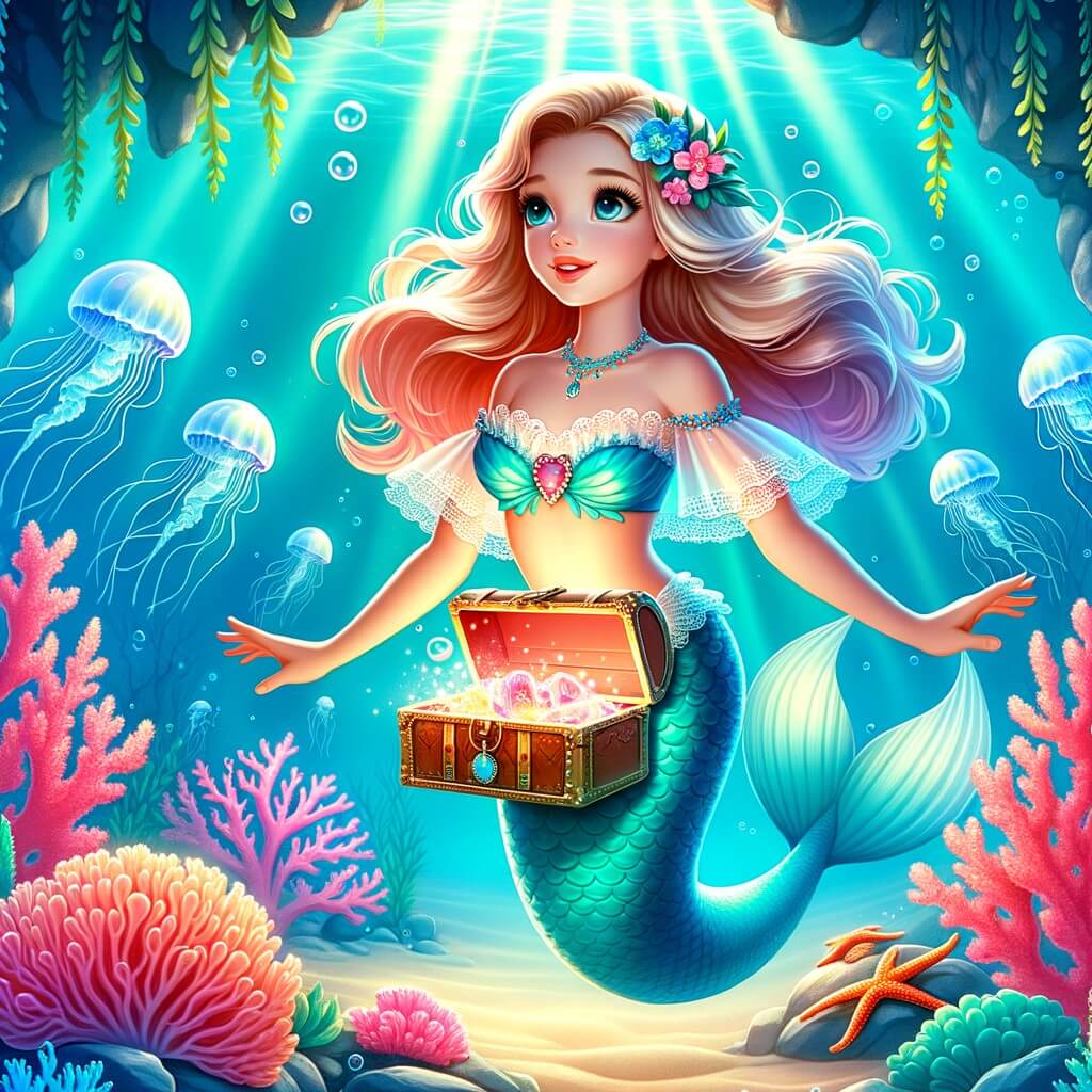 Une illustration pour enfants représentant une sirène émerveillée, découvrant un trésor perdu lors de son exploration sous-marine, dans un village côtier.