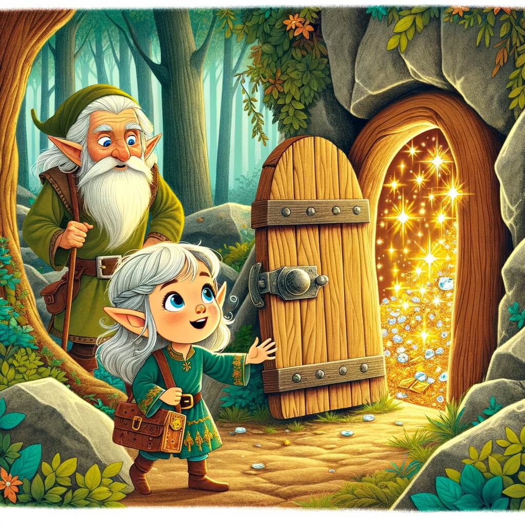 Une illustration destinée aux enfants représentant une jeune elfe curieuse découvrant une mystérieuse grotte dans la forêt enchantée, accompagnée d'un sage elfe aux yeux bleus, tandis que derrière la porte en bois se trouve une salle scintillante remplie de trésors étincelants.