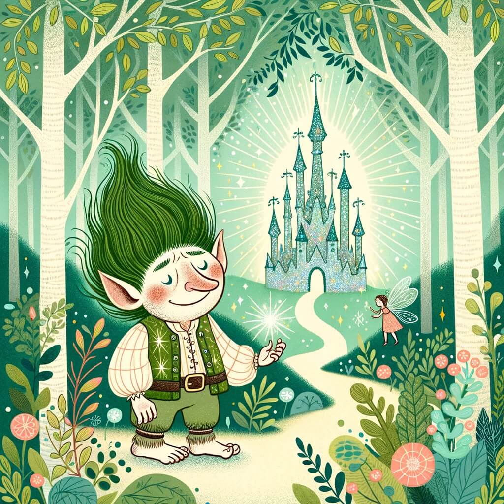 Une illustration destinée aux enfants représentant un adorable troll aux cheveux verts, perdu dans une forêt enchantée, rencontrant une petite fée aux ailes pailletées, dans un château de cristal scintillant au cœur d'une clairière lumineuse.