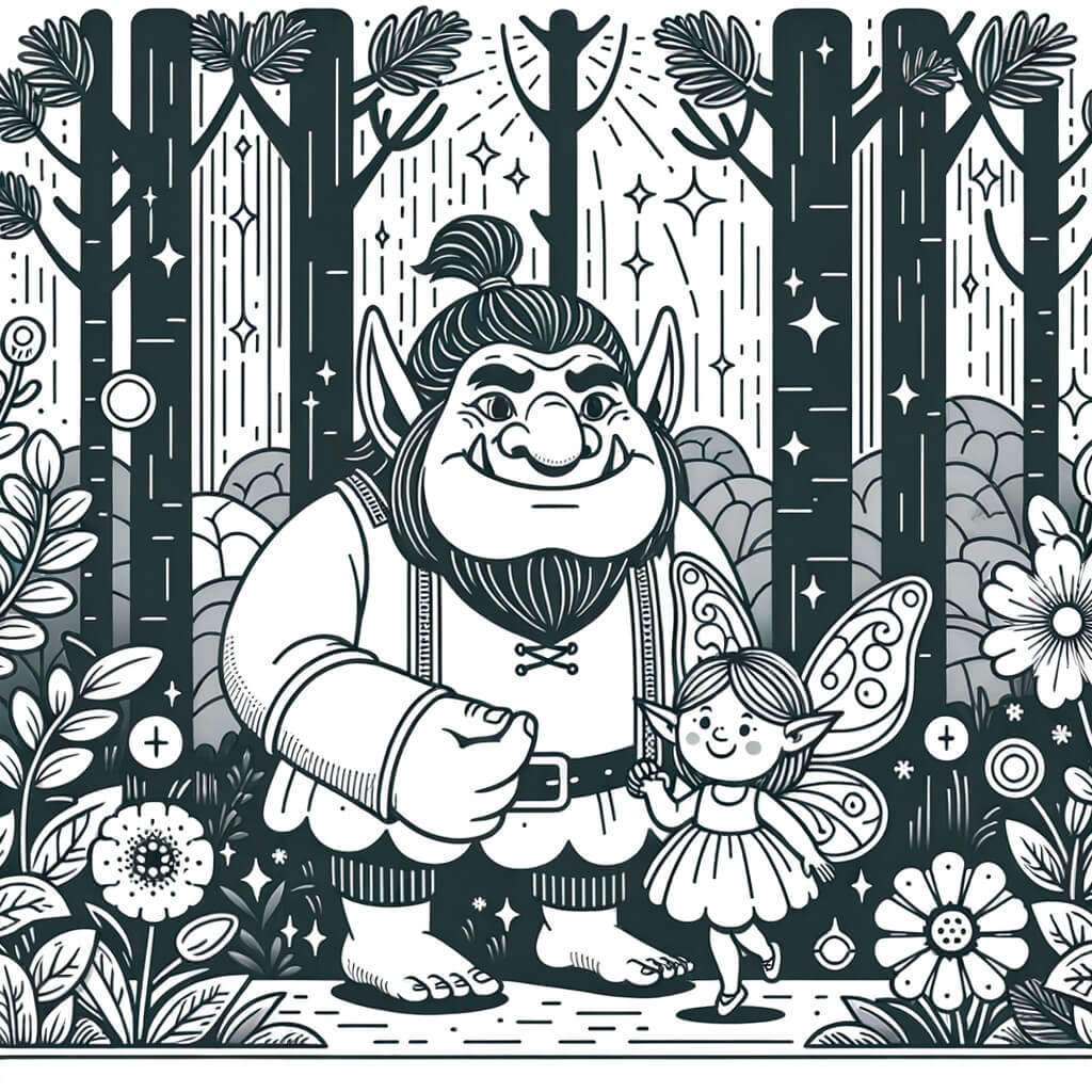 Une illustration destinée aux enfants représentant un ogre au cœur tendre, accompagné d'une petite fée, dans une forêt enchantée aux arbres majestueux et aux fleurs lumineuses.