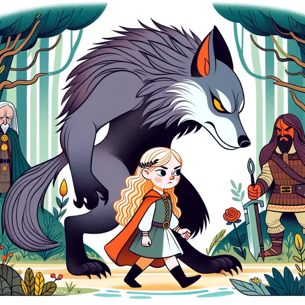 Une illustration destinée aux enfants représentant un mystérieux être mi-homme mi-loup, se trouvant dans une forêt enchantée, accompagné d'une courageuse petite fille, à la recherche d'une potion magique pour retrouver sa forme originelle.