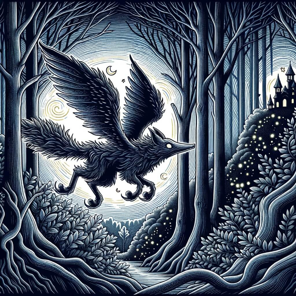 Une illustration pour enfants représentant une mystérieuse créature nocturne, se retrouvant au cœur d'une aventure palpitante dans une sombre et enchantée forêt.