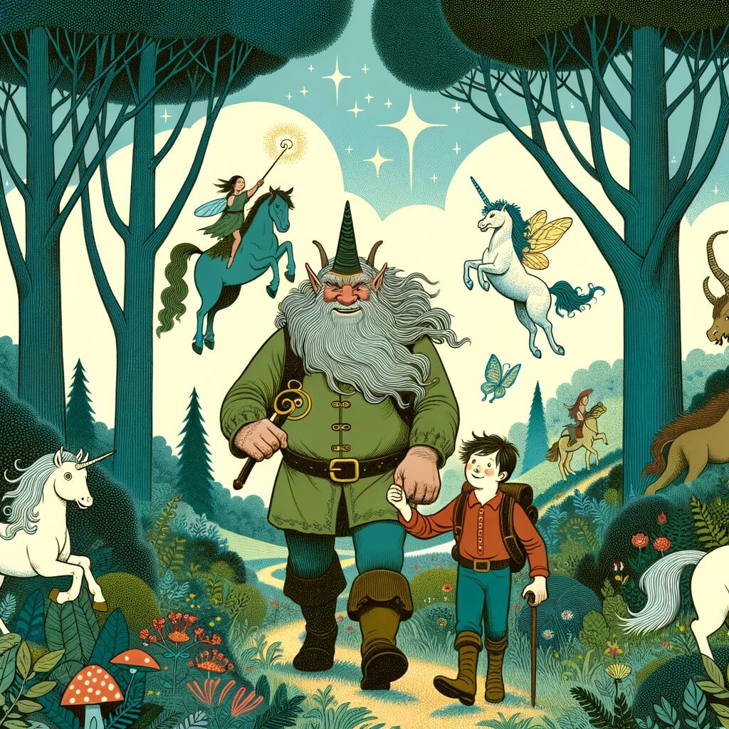 Une illustration destinée aux enfants représentant un ogre bienveillant guidant un jeune explorateur à travers une forêt enchantée où des fées volent dans les arbres, des licornes galopent dans les prairies et des dragons crachent du feu dans le ciel.