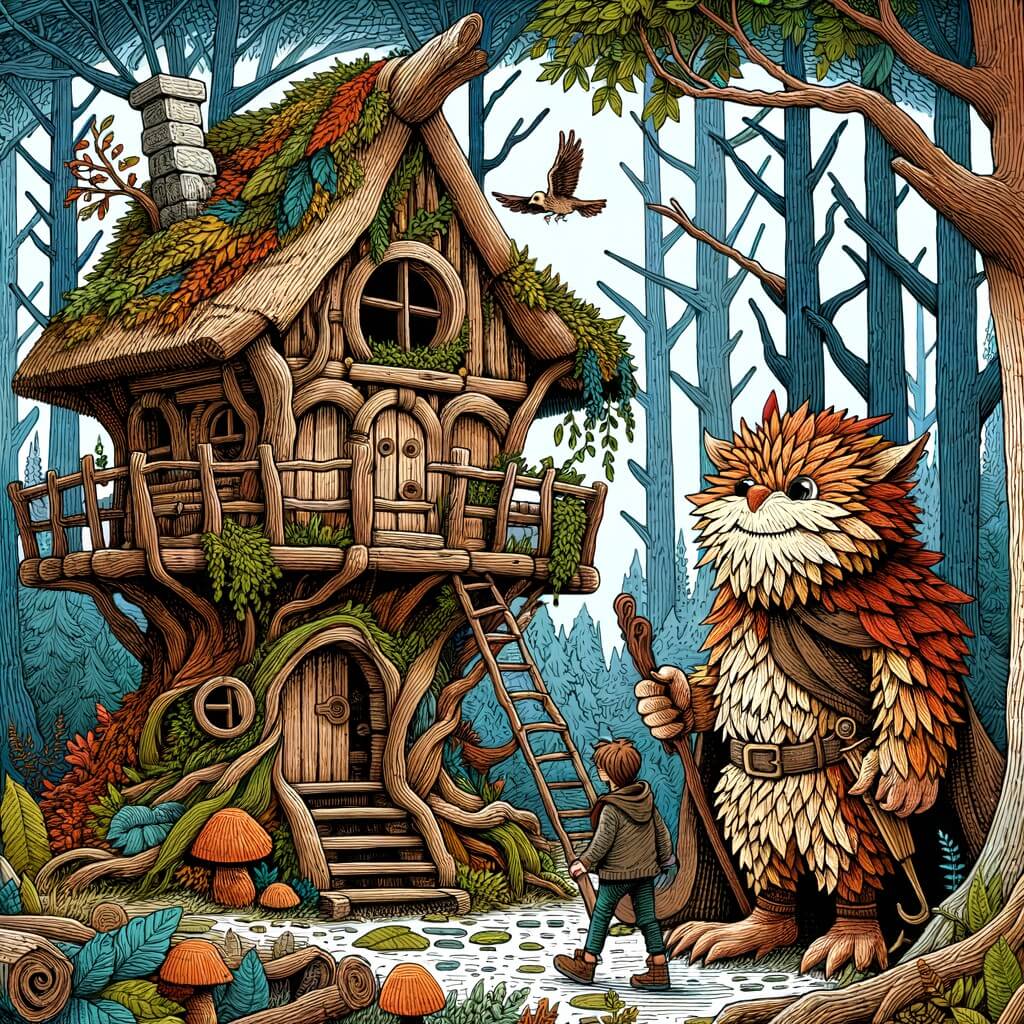 Une illustration pour enfants représentant une créature fantastique, se liant d'amitié avec un jeune garçon, dans une forêt enchantée.