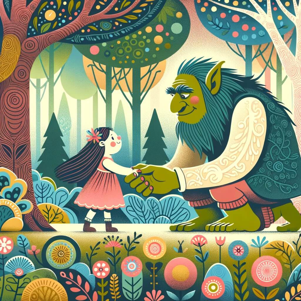 Une illustration destinée aux enfants représentant un ogre au cœur tendre, faisant la rencontre d'une petite fille courageuse, dans une forêt enchantée où les arbres dansent et les fleurs brillent de mille couleurs.