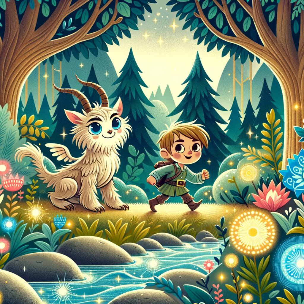 Une illustration destinée aux enfants représentant une adorable créature fantastique, accompagnée d'un jeune garçon courageux, explorant une forêt enchantée aux arbres majestueux, aux fleurs lumineuses et aux ruisseaux scintillants.