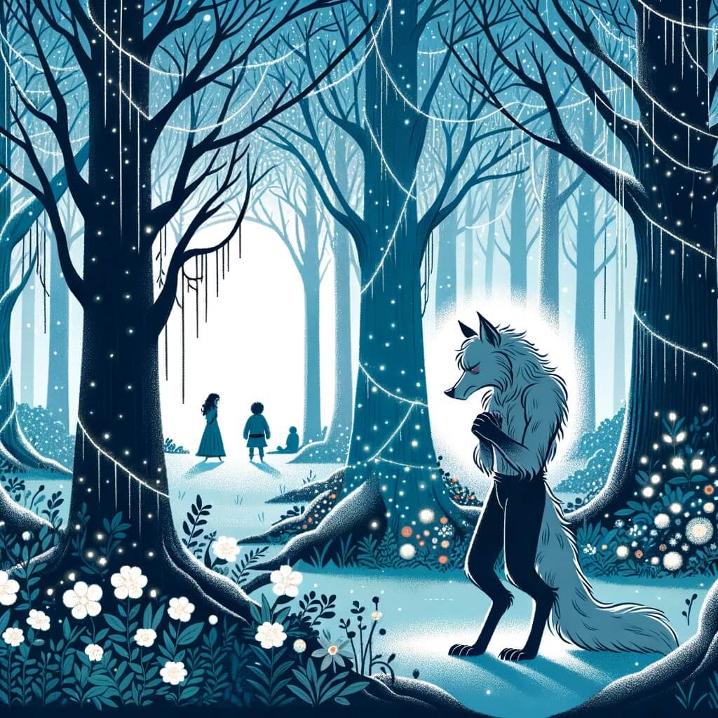 Une illustration destinée aux enfants représentant un loup-garou solitaire, dans une forêt enchantée où les arbres sont recouverts de mousse argentée et les fleurs émettent une douce lueur, faisant écho à sa quête pour trouver l'amitié et la compréhension.