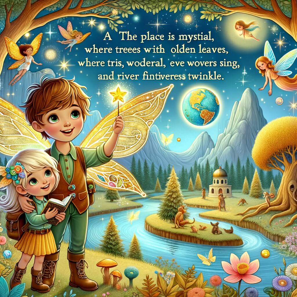 Une illustration destinée aux enfants représentant une fée aux ailes chatoyantes, accompagnée d'un jeune explorateur, dans un monde magique où les arbres ont des feuilles d'or, les fleurs chantent et les rivières scintillent, créant ainsi un univers merveilleux peuplé de créatures fantastiques.