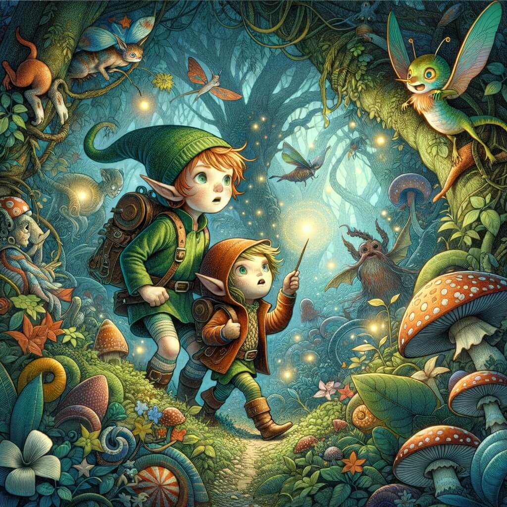 Une illustration destinée aux enfants représentant un petit lutin malicieux, accompagné d'une jeune aventurière, dans une forêt dense et mystérieuse où ils découvrent un monde magique rempli de créatures fantastiques.