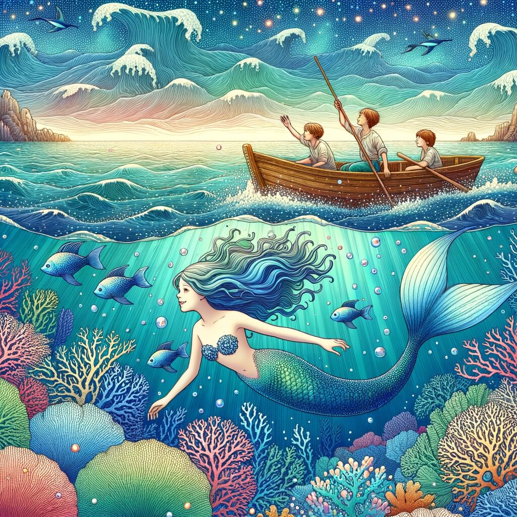 Une illustration destinée aux enfants représentant une magnifique sirène nageant gracieusement aux côtés de trois enfants sur un petit bateau, dans les profondeurs d'un océan scintillant de mille couleurs.