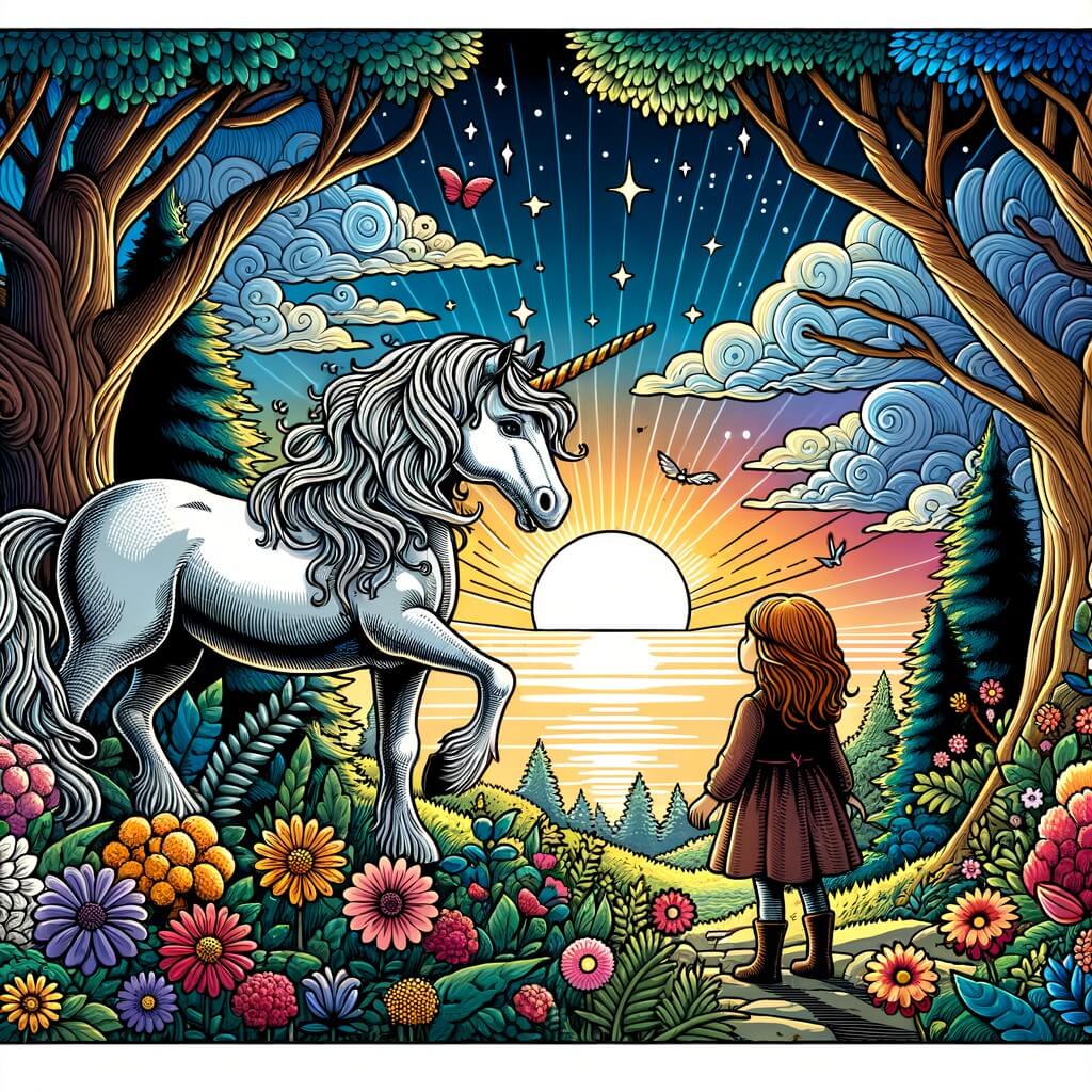 Une illustration destinée aux enfants représentant une majestueuse licorne blessée, accompagnée d'une courageuse petite fille, qui se retrouvent dans une forêt enchantée, pleine de fleurs colorées et d'arbres majestueux, tandis que le soleil se couche doucement à l'horizon.