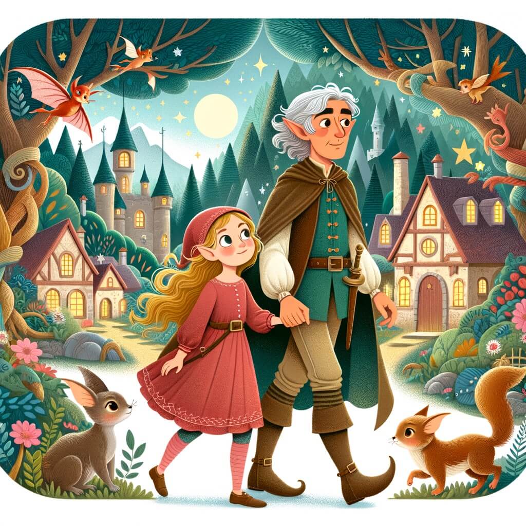 Une illustration destinée aux enfants représentant un jeune elfe intrépide, accompagné d'une petite fille curieuse, explorant un village enchanté caché au cœur d'une forêt luxuriante, peuplée de créatures fantastiques.