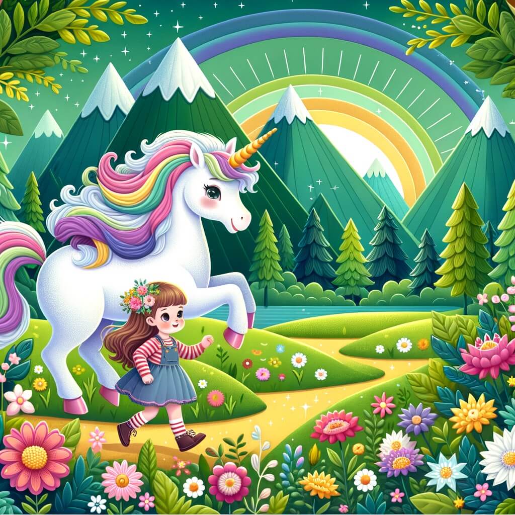 Une illustration destinée aux enfants représentant une licorne majestueuse, accompagnée d'une petite fille, explorant une clairière enchantée remplie de fleurs colorées et entourée de majestueuses montagnes verdoyantes.