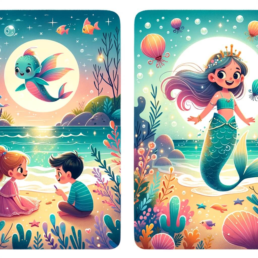 Une illustration pour enfants représentant une sirène captivante, une rencontre magique sur la plage et un monde sous-marin rempli de merveilles.