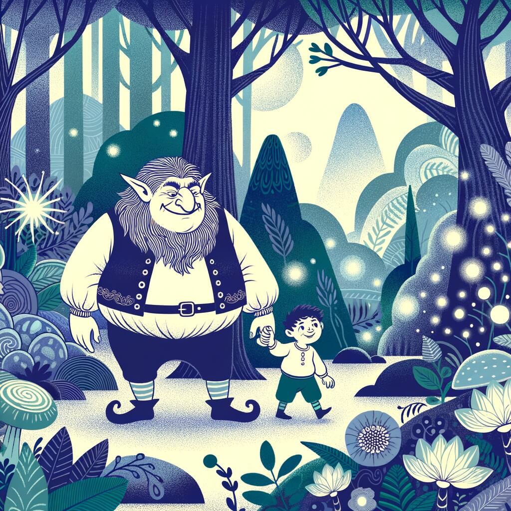 Une illustration destinée aux enfants représentant un ogre jovial et dodu, accompagné d'un petit garçon, explorant une forêt enchantée aux arbres majestueux et aux fleurs lumineuses.