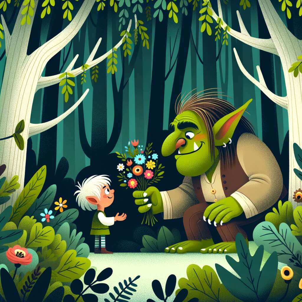 Une illustration destinée aux enfants représentant un ogre solitaire, vivant dans une sombre et mystérieuse forêt enchantée, faisant la rencontre d'un petit elfe curieux qui vient lui rendre visite avec un bouquet de fleurs colorées.