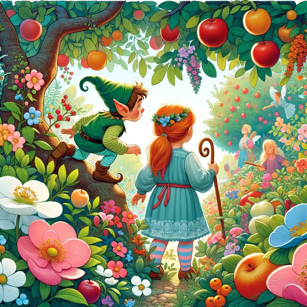 Une illustration destinée aux enfants représentant un lutin curieux découvrant un mystérieux jardin enchanté, accompagné d'une petite fille courageuse, au milieu d'une profusion de fleurs colorées et d'arbres fruitiers luxuriants.
