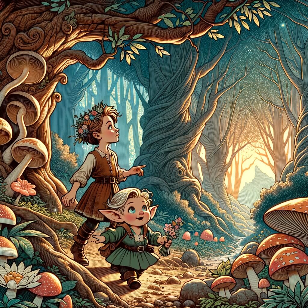 Une illustration destinée aux enfants représentant un petit lutin courageux découvrant un monde enchanté, accompagné d'une jeune fille curieuse, dans une forêt luxuriante aux arbres majestueux et aux champignons géants.