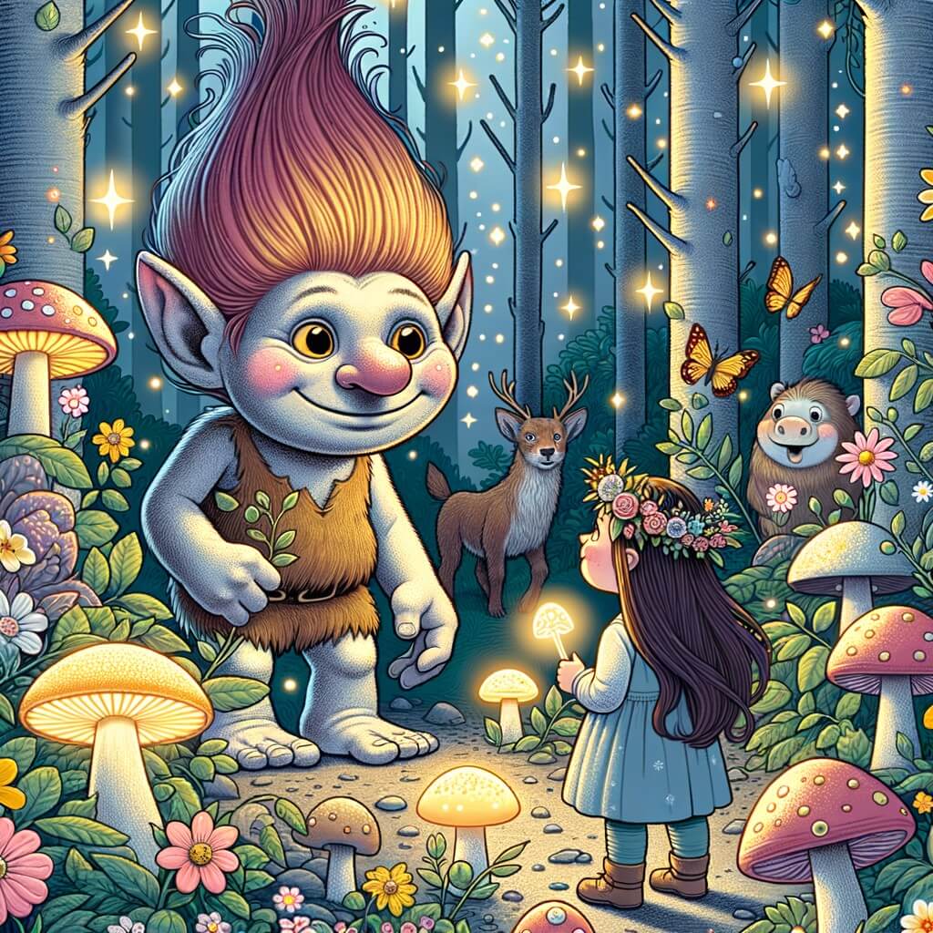 Une illustration destinée aux enfants représentant un adorable troll, entouré de fleurs et d'animaux enchantés, faisant la rencontre d'une petite fille dans une forêt magique parsemée de champignons lumineux.