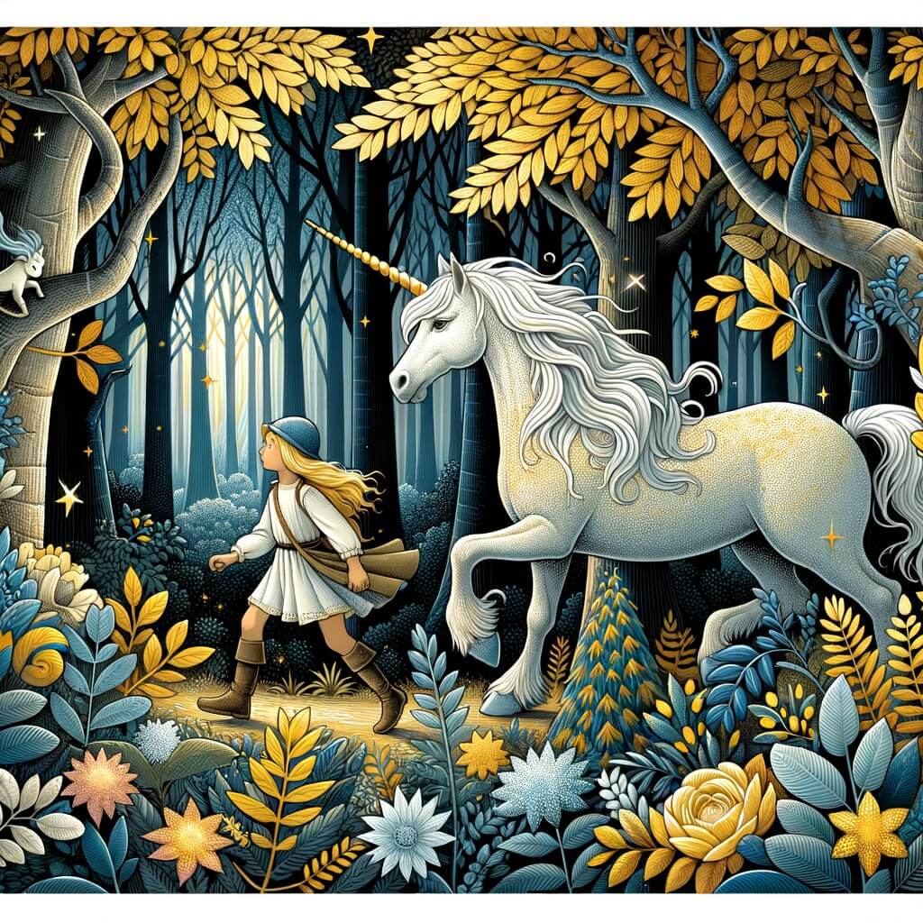 Une illustration pour enfants représentant une licorne perdue dans une forêt enchantée à la recherche de sa famille.