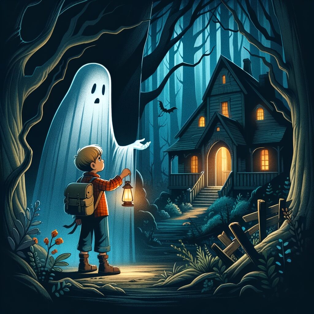 Une illustration destinée aux enfants représentant un fantôme solitaire, prisonnier d'une maison hantée, faisant la rencontre d'un jeune aventurier curieux, au cœur d'une forêt sombre et mystérieuse.