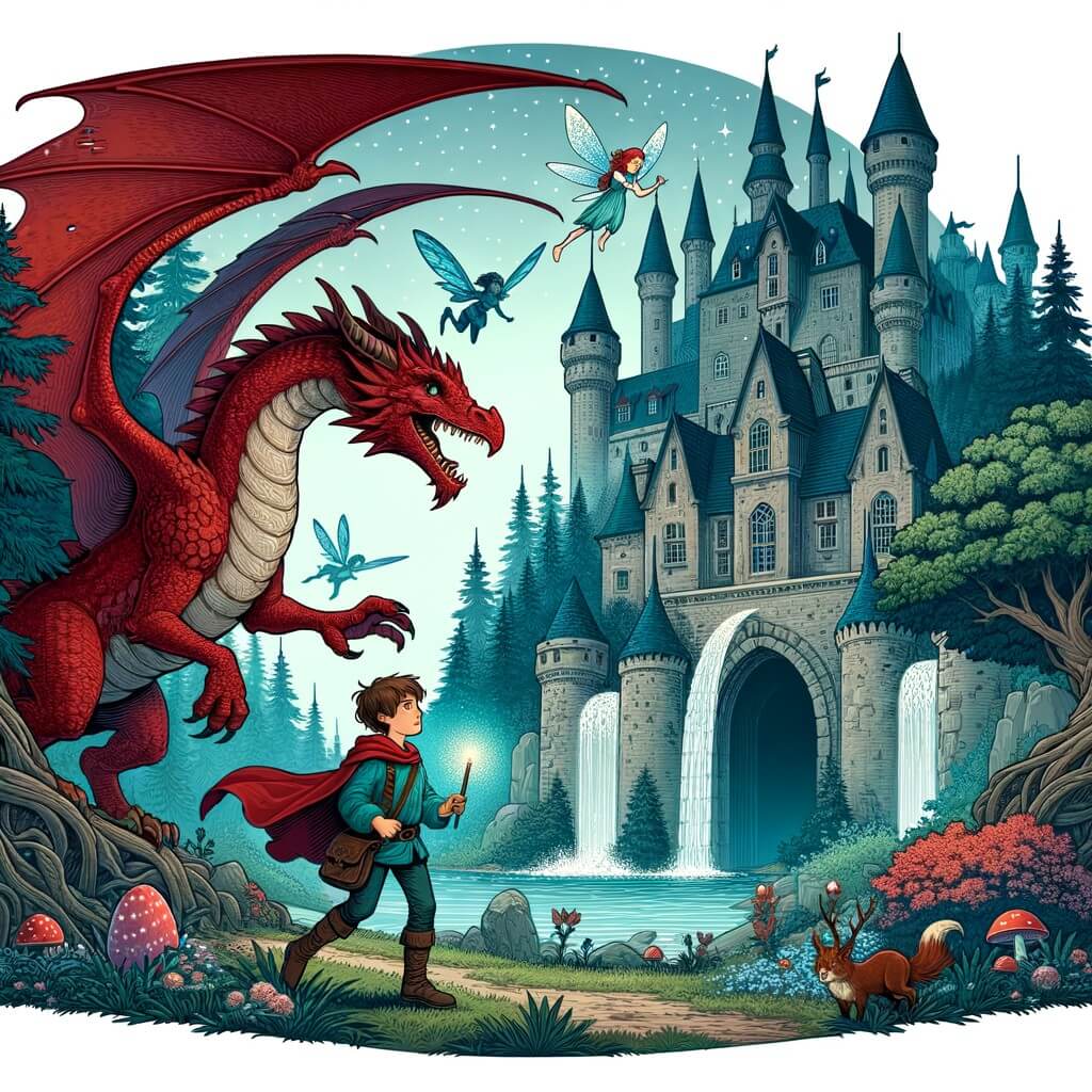 Une illustration pour enfants représentant un magnifique dragon rouge qui aide un jeune garçon à explorer un royaume magique peuplé de fées, de lutins et de licornes, dans un lieu merveilleux et enchanté.