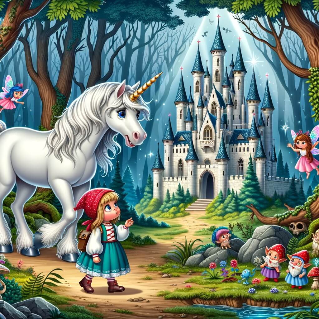 Une illustration destinée aux enfants représentant une magnifique licorne blanche perdue dans une forêt enchantée, accompagnée d'une petite fille curieuse, découvrant un château scintillant au milieu d'une clairière magique entourée de fées, d'elfes, de trolls et d'autres créatures fantastiques.