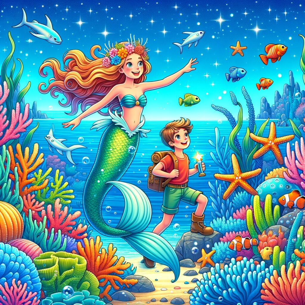 Une illustration pour enfants représentant une magnifique sirène qui vit dans un village sous-marin, et qui doit sauver son peuple en récupérant une pierre magique volée par un sorcier maléfique.