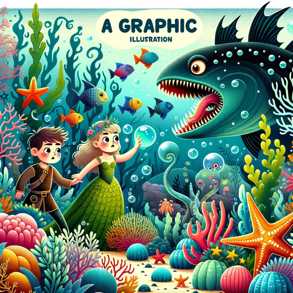 Une illustration destinée aux enfants représentant une sirène mystérieuse, accompagnée d'une jeune fille curieuse, découvrant un monde sous-marin féérique rempli de coraux colorés, d'étoiles de mer géantes et de poissons multicolores, dans lequel elles devront affronter un monstre marin redoutable pour sauver une plante magique.