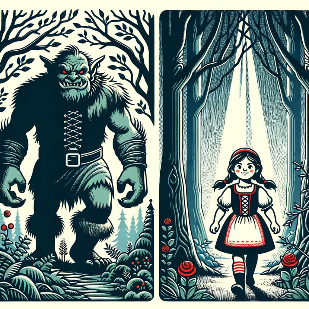 Une illustration destinée aux enfants représentant un ogre maléfique, une petite fille courageuse, une forêt dense et mystérieuse avec des arbres majestueux et des rayons de soleil filtrant à travers les feuilles.