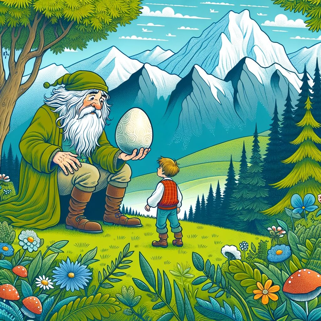 Une illustration destinée aux enfants représentant un adorable géant découvrant un mystérieux œuf dans une forêt enchantée, accompagné d'un jeune garçon curieux, et se trouvant dans une vallée verdoyante entourée de majestueuses montagnes.