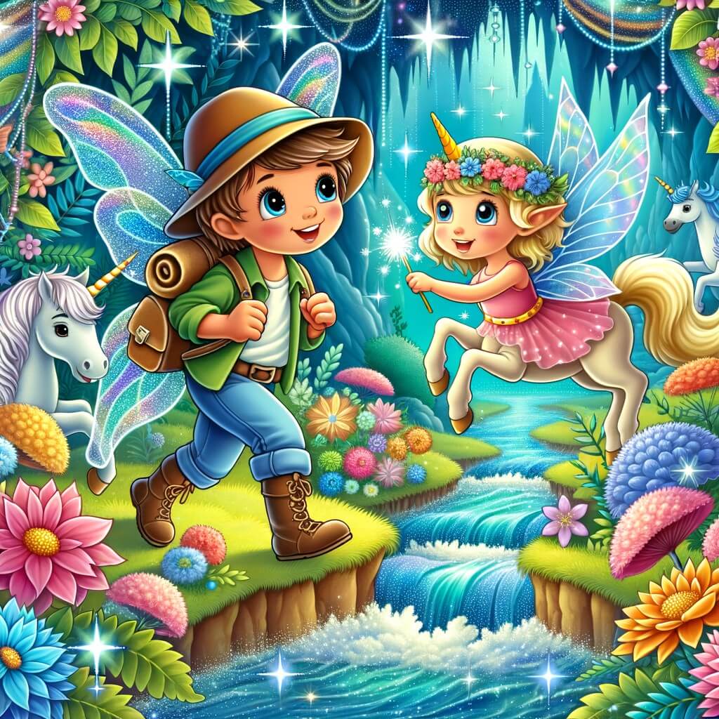 Une illustration pour enfants représentant une fée émerveillée, plongée dans une quête magique à travers un monde enchanté, peuplé de créatures fantastiques, telles que des licornes et des dragons, dans une forêt féerique.