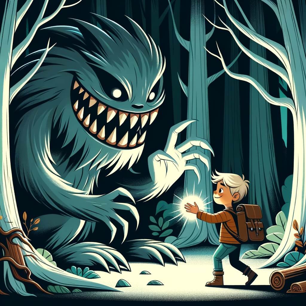 Une illustration destinée aux enfants représentant une créature mystérieuse aux dents pointues, se cachant dans une forêt enchantée, accompagnée d'un jeune garçon courageux qui lui offre son amitié précieuse.