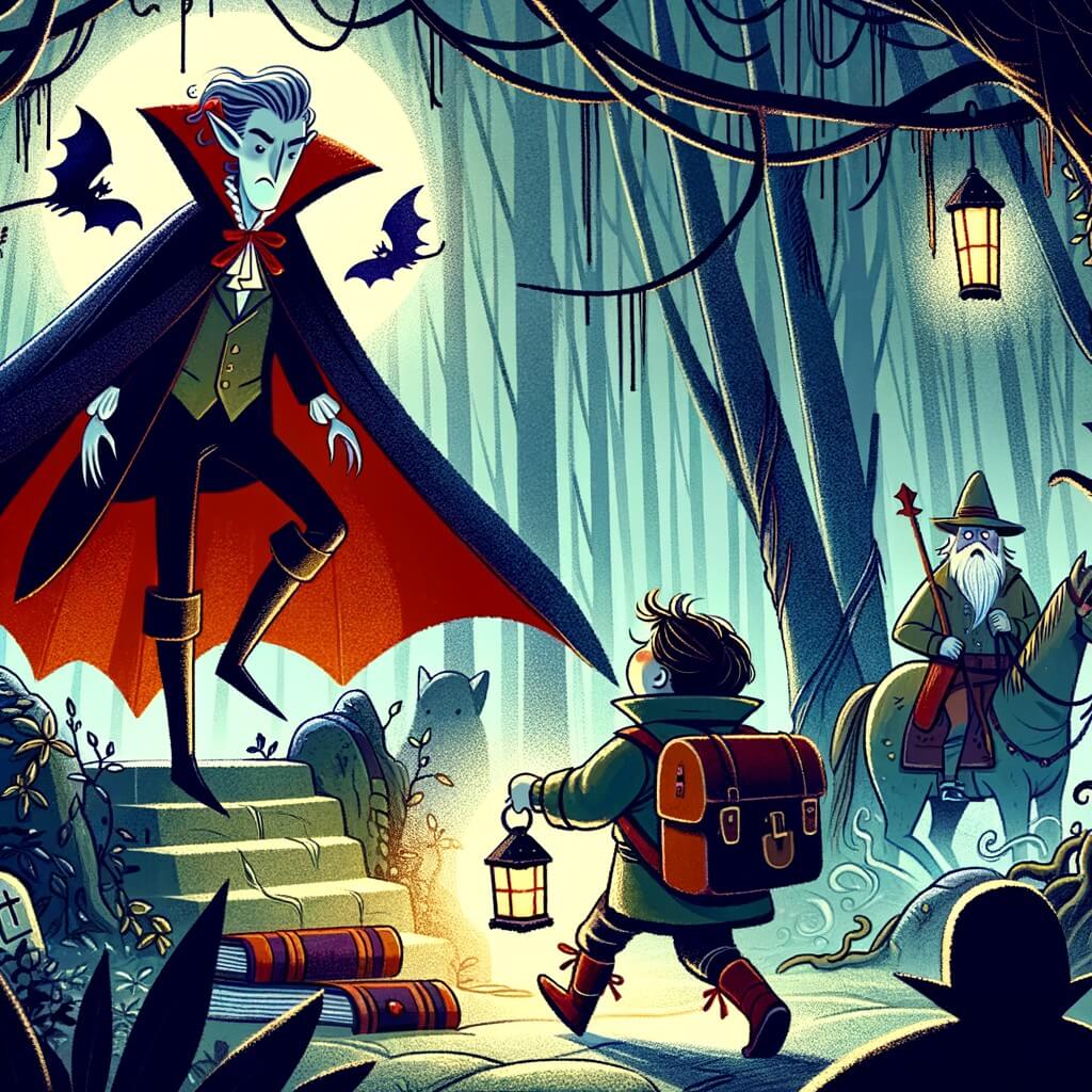 Une illustration pour enfants représentant un vampire intrépide, embarqué dans une quête pour retrouver un objet magique, se déroulant dans une mystérieuse forêt enchantée.