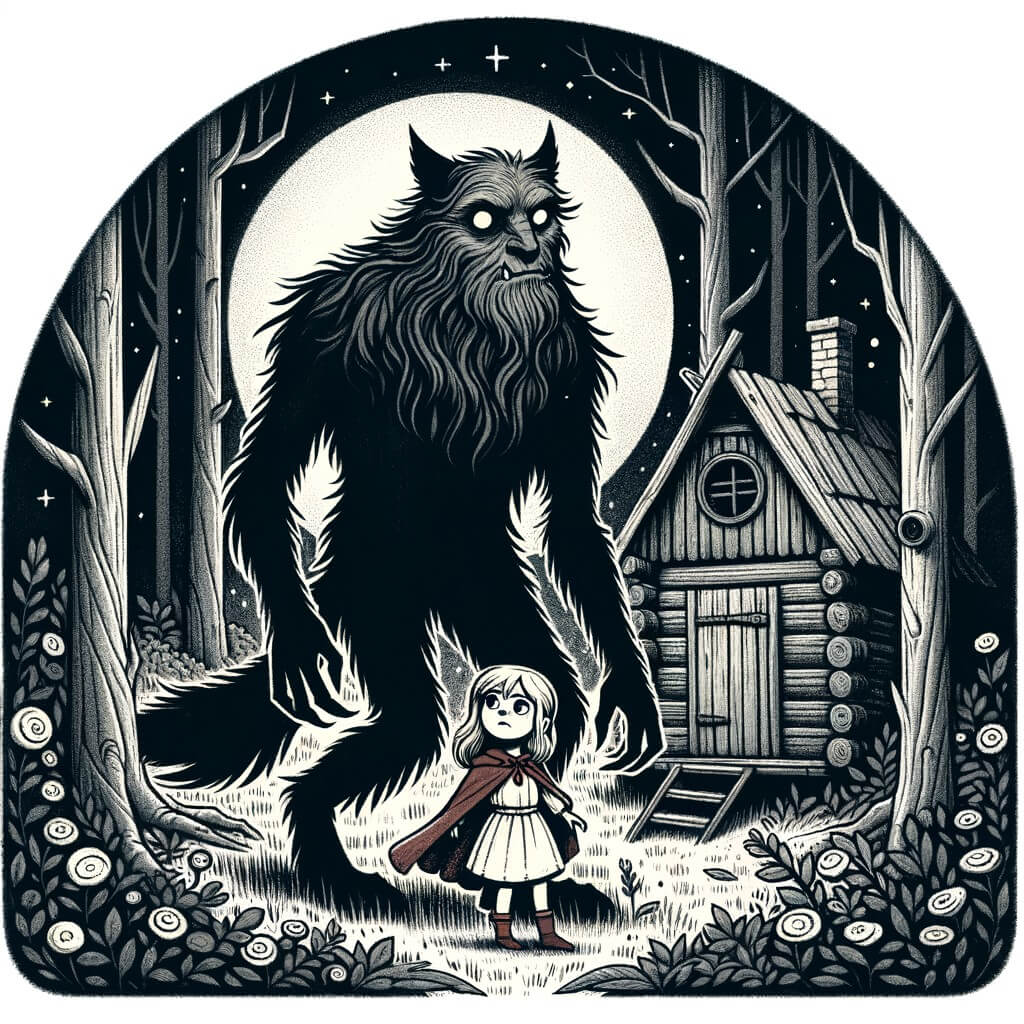 Une illustration destinée aux enfants représentant une mystérieuse créature mi-humaine mi-loup, égarée dans une sombre forêt enchantée, accompagnée d'une courageuse petite fille, au cœur d'une clairière magique abritant une vieille cabane en bois.