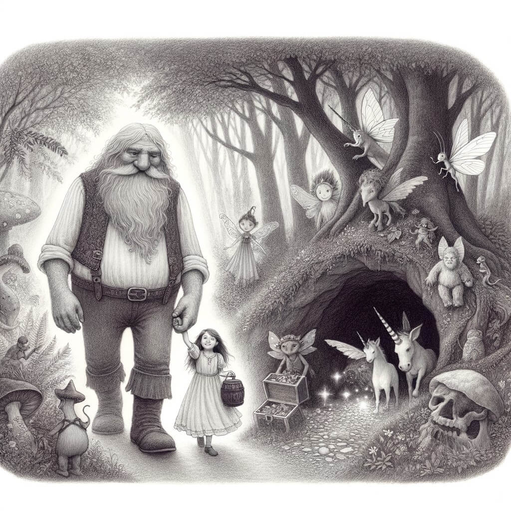 Une illustration destinée aux enfants représentant un géant bienveillant, accompagné d'une petite fille, explorant une forêt enchantée remplie de fées, licornes et gobelins, avec une grotte mystérieuse où se cachent des trésors volés par des créatures magiques.