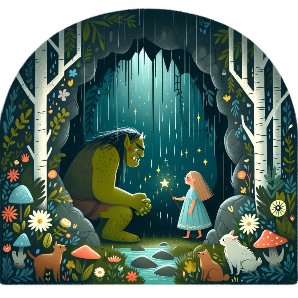 Une illustration destinée aux enfants représentant un ogre solitaire, vivant dans une grotte sombre et humide, faisant la rencontre inattendue d'une petite fille courageuse dans une forêt enchantée remplie de fleurs lumineuses et d'animaux parlants.