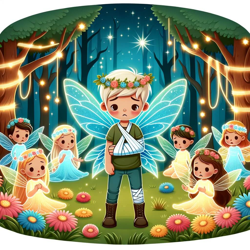 Une illustration destinée aux enfants représentant une fée blessée, entourée d'autres fées resplendissantes, dans une forêt enchantée remplie de fleurs multicolores et d'arbres majestueux.
