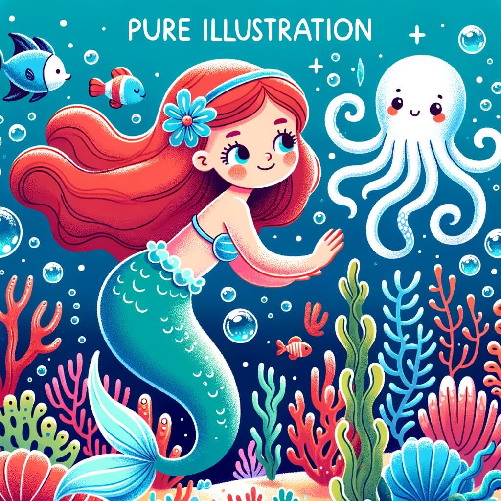 Une illustration destinée aux enfants représentant une sirène curieuse explorant les profondeurs de l'océan, accompagnée d'une pieuvre amicale, dans un monde sous-marin rempli de récifs de corail colorés, de poissons scintillants et de jardins d'algues dansants.